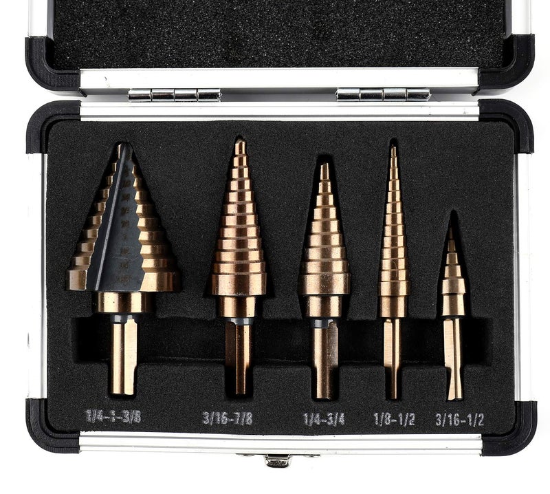 Yesland 5pcs Hss Cobalt, Multiple Hole 50 Sizes High Speed Metal Step Drill Bit Set with Aluminum Case - Image 1